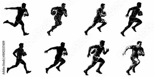 Dynamic Black Silhouettes Set of Rugby Players Running with the Ball. Eight Vector Illustrations for Sports Graphics.