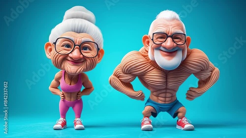 Funny muscular senior couple in sportswear cartoon style