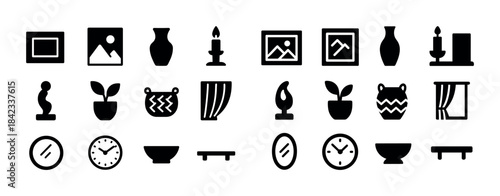 Minimalist home decor icons: vases, candles, art, clocks, plants