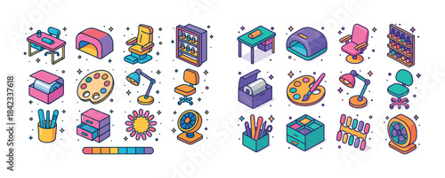 Colorful isometric office and art supplies with desk and chair i