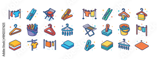 Colorful laundry and clothing icons - hangers, pins, racks, bask