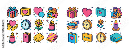 Colorful icons of love, gifts, and everyday items in modern styl