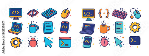 Colorful programming icons featuring computers, bugs, coffee, an