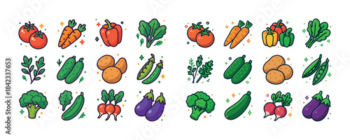 Colorful variety of fresh vegetables and herbs in cartoon style
