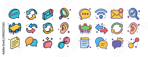Colorful communication icons set with chat, email, and ear symbo