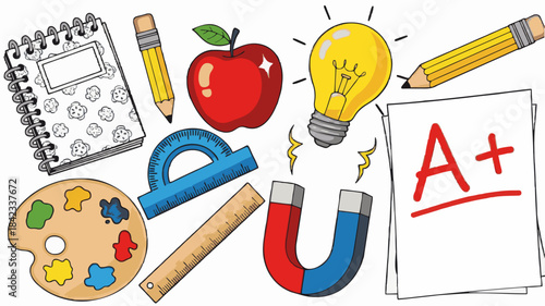 Illustration of School Supplies: Notebooks, Apple, Light Bulb, and More on White