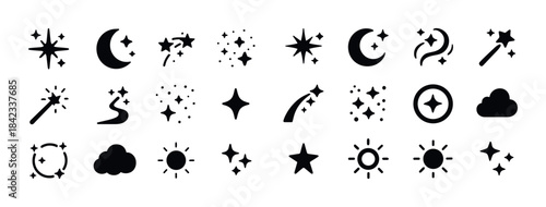 Magic and celestial icons: moon, stars, sun, clouds, and wands