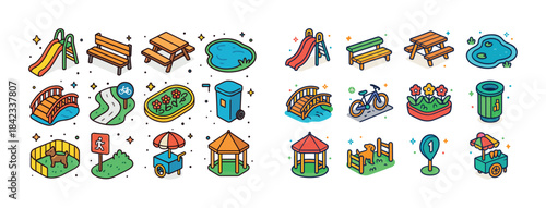 Colorful park elements including benches, bridges, and playgroun