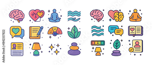 Mindfulness and wellbeing icons: meditation, mental health, rela
