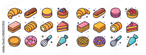 Colorful assortment of pastries and desserts with whisk and pipi