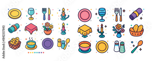 Colorful dining icons set with plates, cutlery, and candles