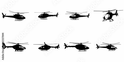 Collection of eight distinct black helicopter silhouettes, vector icons for aviation and emergency service graphics, isolated on white background.