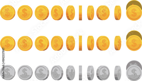 3D coin sprite sheet showing rotating gold and silver money icons, game asset for animation, currency symbols, digital economy graphics