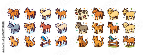 Colorful cartoon farm animals including cows, sheep, goats, cats