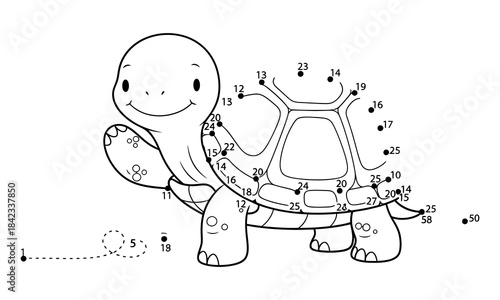 Cute cartoon turtle connect the dots puzzle for children to learn numbers and draw animals