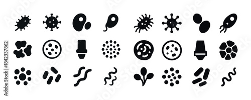 Variety of black microbe and bacteria icons in different shapes