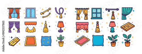 Colorful home decor icons: curtains, lighting, plants, and more