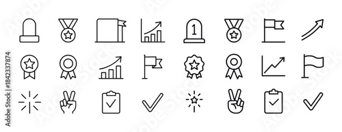 Collection of award and achievement line icons with graphs and f
