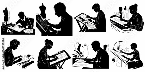 Eight silhouettes of diverse fashion designers drawing clothing sketches, working diligently with tools and mannequins, capturing the creative essence of garment creation.