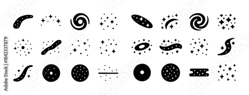 Assorted galaxy and star silhouette icons in black and white