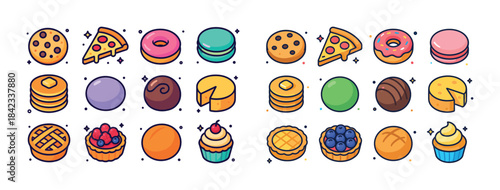 Colorful assorted bakery and dessert icons with pizzas, doughnut