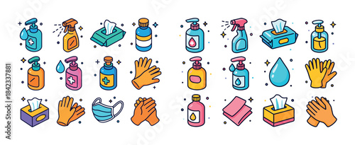 Colorful hygiene icons displaying sanitizers, gloves, masks, tis