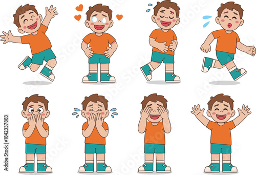 Cartoon boy showing various emotions and actions happy playful shy excited running greeting cute kids character illustration set