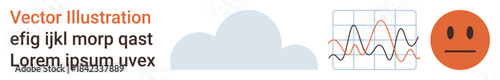 Data analysis, performance tracking, cloud storage, emotions, digital environment, feedback. Graph with fluctuating lines, a cloud and a neutral face icon. Data analysis and performance tracking