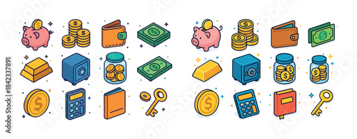 Colorful financial icons: piggy banks, coins, wallets, gold, saf