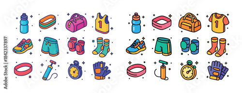 Colorful sports equipment icons set including shoes, jerseys, an