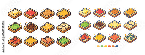 Isometric assorted toast toppings with butter, jam, avocado, and