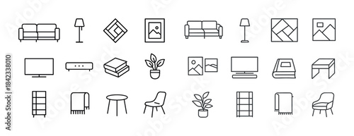 Minimalist home decor icons set: furniture, plants, and electron