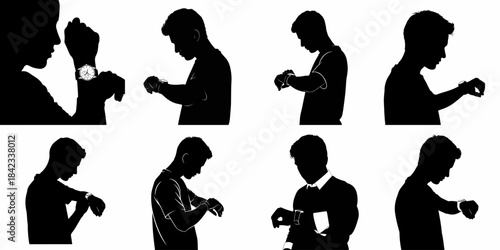 Collection of Male Silhouettes Checking Wristwatches for Time Management and Punctuality Concepts.