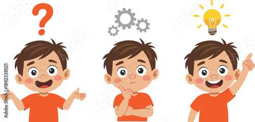 Cartoon boy thinking confused problem solving and having idea concept illustration showing question thinking process and solution for education
