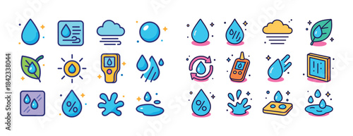 Colorful water and weather icons featuring drops, leaves, sun, c