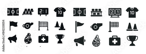 Football match icons set: jerseys, equipment, scoreboards, and f
