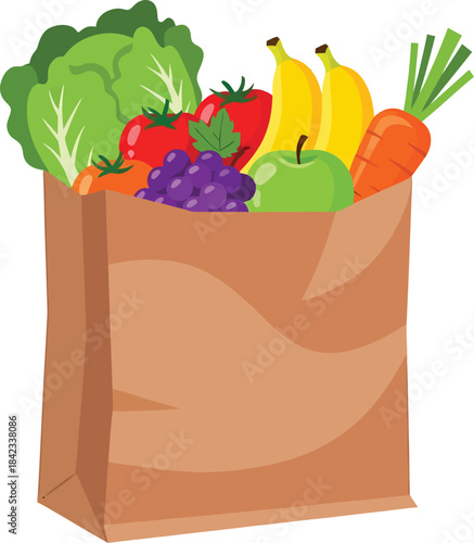 A brown paper grocery bag filled with fresh fruits and vegetables like lettuce, tomatoes, grapes, bananas, apples, and carrots, ready for healthy eating.
