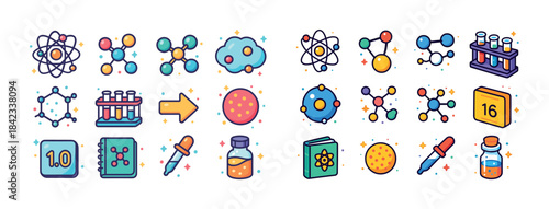 Colorful chemistry icons set featuring molecules and lab equipme