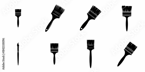 Black silhouette set of various paint brushes, including tools for art, painting, home improvement, renovation, and professional construction work, isolated on a white background.