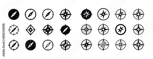 Collection of 24 different black and white compass icon designs