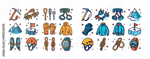 Colorful collection of climbing gear and equipment for outdoor a