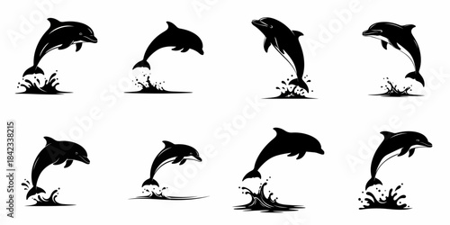 Black Vector Dolphin Silhouettes Jumping Out of Water Splashes Collection for Design Elements and Logos, Isolated on White.