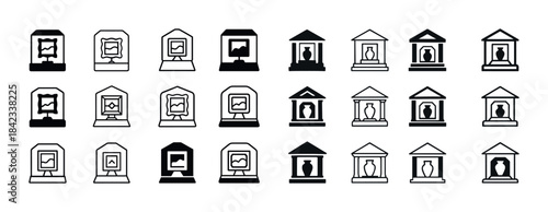 Set of museum and gallery icons featuring artworks and exhibits