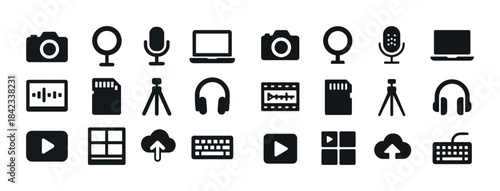 Camera, microphone, laptop, headphones, cloud icons set for digi