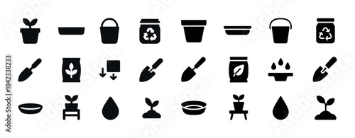 Gardening essentials: icons of pots, tools, and eco-friendly pra
