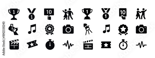 Vector icon set: trophies, medals, music notes, cameras, stopwat