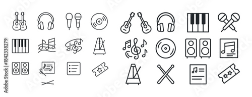 Outline music icons set featuring instruments, notes, and audio