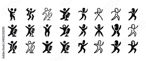 Simple icons of dancing figures and music notes in various poses