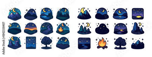 Collection of nighttime landscape icons with moon and stars in v