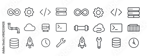 Set of technology and programming icons including cloud, server,